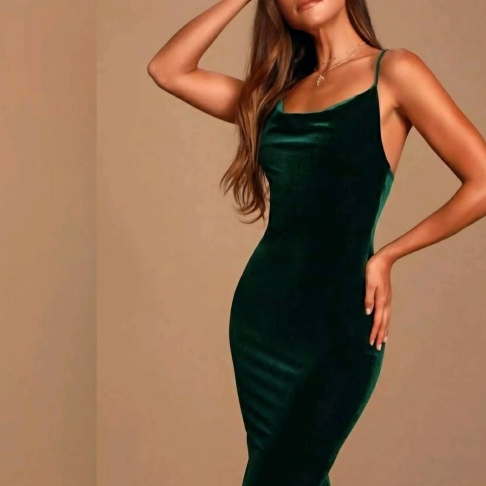 Lulu's Green Velvet Slip Midi Dress